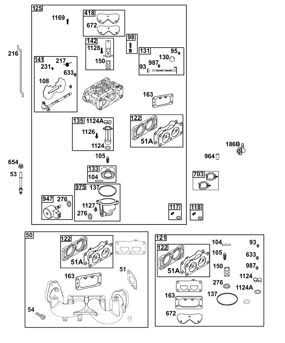 Carburetor Group Diagram and Parts List for 44T977-0055-B5 400000 - 699999 Briggs and Stratton Engine